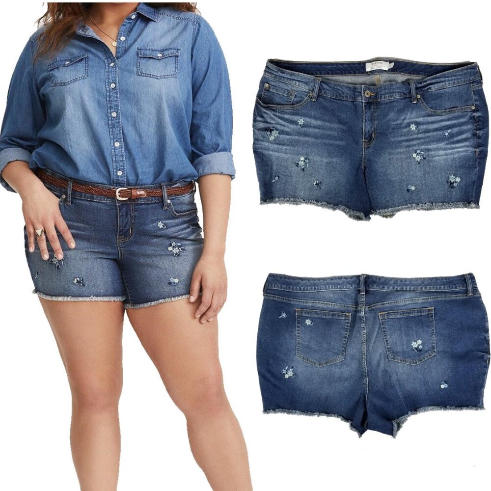 Torrid Floral Embroidered Shorts Stretch Fray Hem Med Wash Plus Size 26
